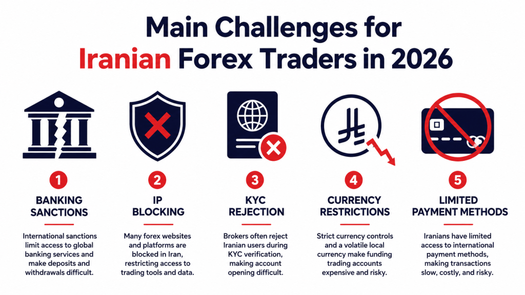 Infographic showing the main challenges Iranian traders face when accessing global forex markets in 2026, including banking sanctions, IP blocking, and KYC restrictions