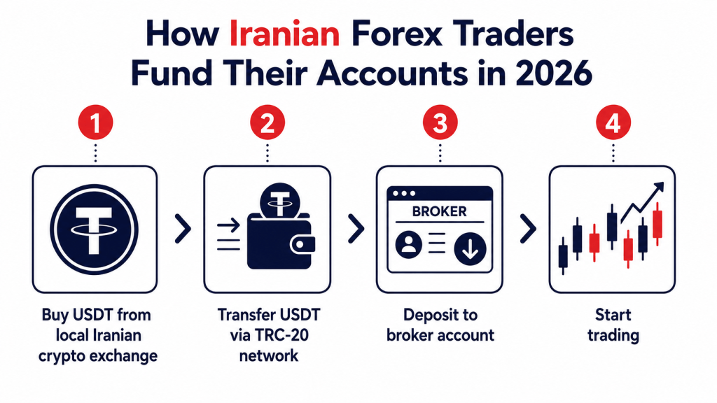 Step-by-step infographic showing how Iranian forex traders deposit money using USDT, Perfect Money, and local exchangers in 2026